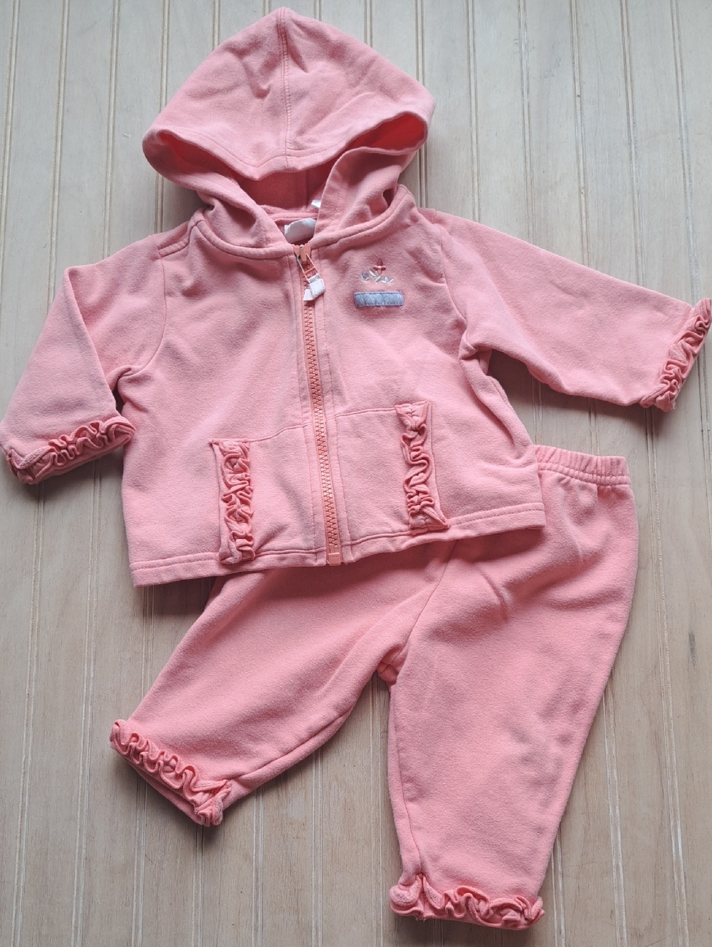 Cherokee Baby Pink Ruffle Hooded Comfy 2-Piece Outfit Set Infant Cotton Blend